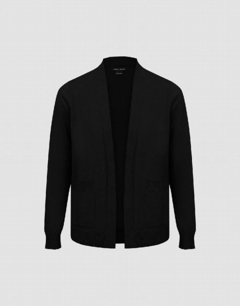 Urban Revivo Open Front Straight Knitted Men's Cardigan Black | TEXAWBU-79