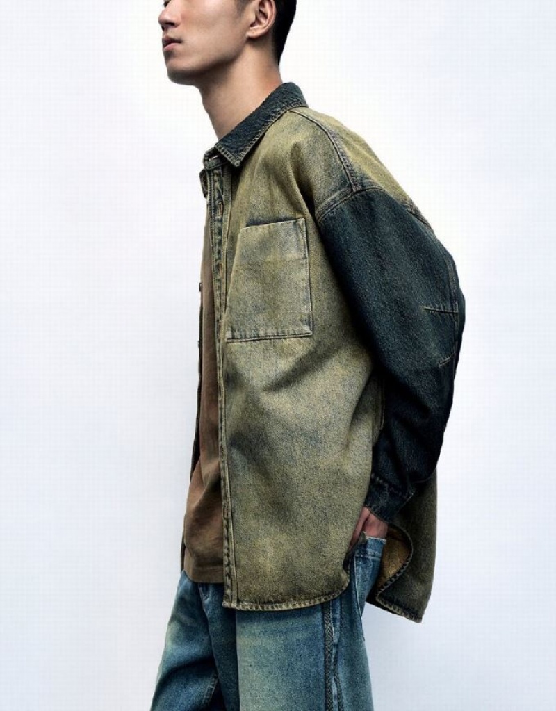 Urban Revivo Oversized Denim Men's Shirts Blue | YUEMTQP-89