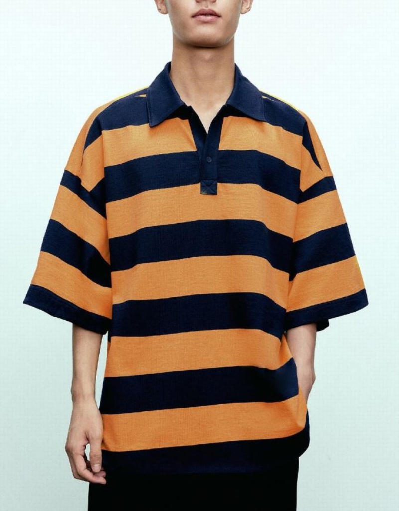 Urban Revivo Oversized Striped Men's Polo Shirts Yellow | HOIQZJF-20