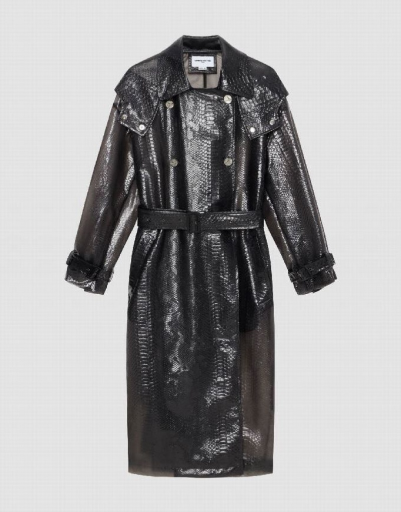 Urban Revivo PVC Belted Women\'s Trench Coat Black | HVFOYIW-50