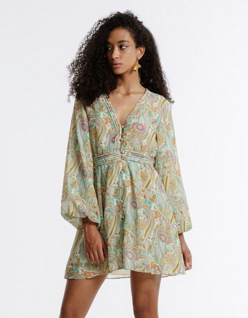 Urban Revivo Paisley Print Chiffon Women's Casual Dress Green | AFUBVPN-15