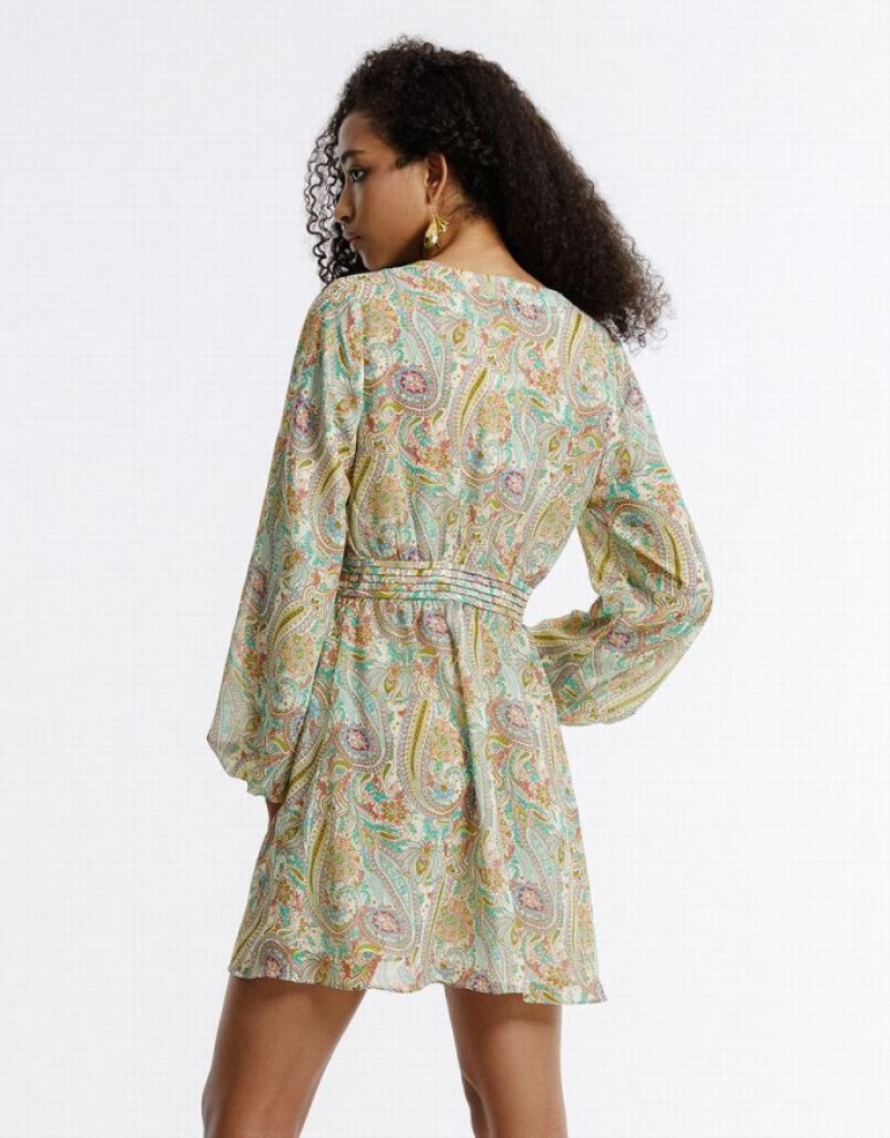 Urban Revivo Paisley Print Chiffon Women's Casual Dress Green | AFUBVPN-15