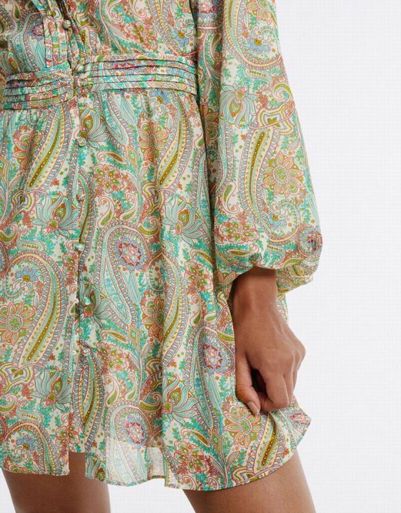 Urban Revivo Paisley Print Chiffon Women's Casual Dress Green | AFUBVPN-15