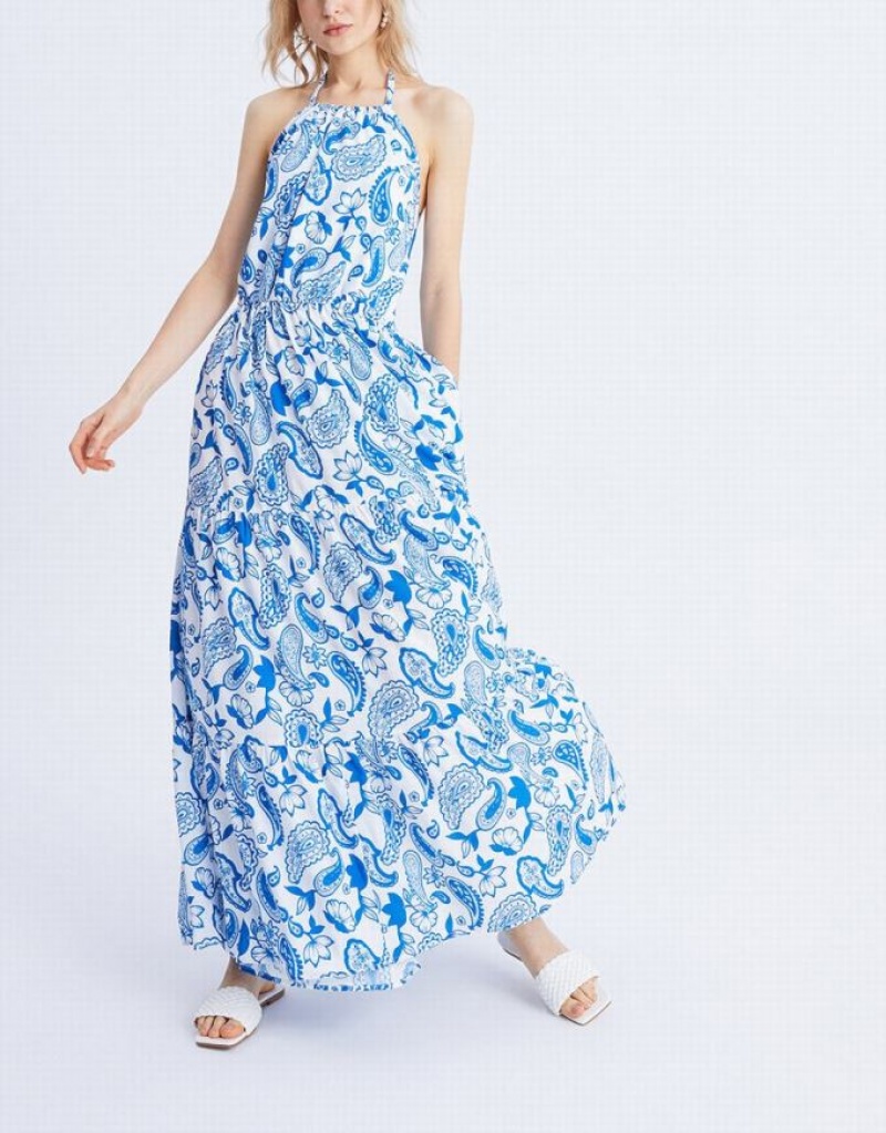 Urban Revivo Paisley Print Halter Maxi Women's Maxi Dress Blue | ZHGTWYV-05