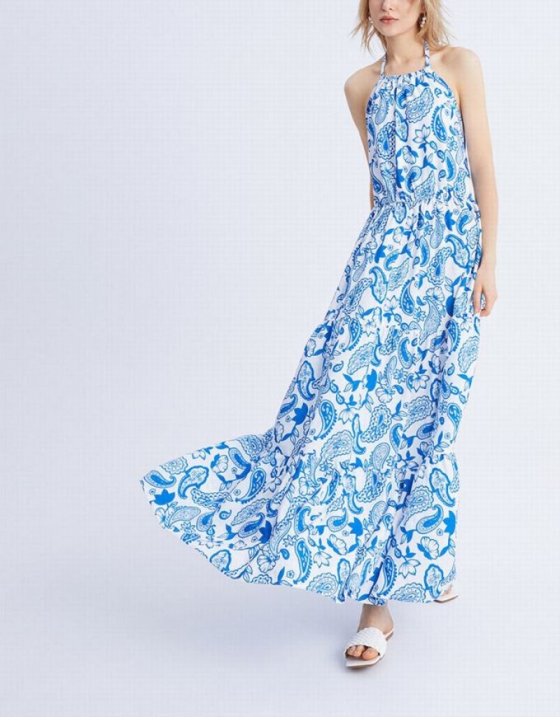 Urban Revivo Paisley Print Halter Maxi Women's Maxi Dress Blue | ZHGTWYV-05