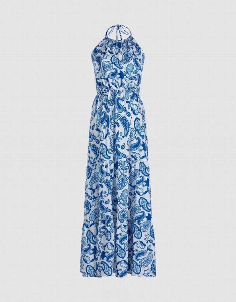 Urban Revivo Paisley Print Halter Maxi Women\'s Maxi Dress Blue | ZHGTWYV-05