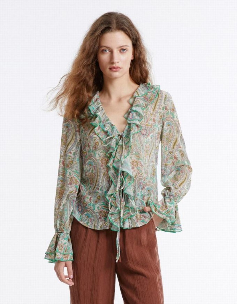 Urban Revivo Paisley Print Ruffled Women's Shirts Green | BOHFQEU-42