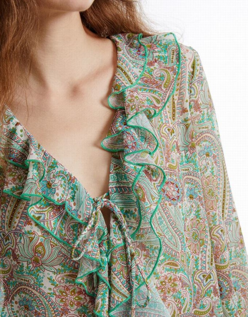 Urban Revivo Paisley Print Ruffled Women's Shirts Green | BOHFQEU-42