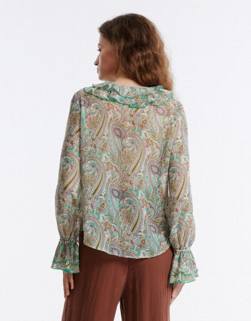 Urban Revivo Paisley Print Ruffled Women's Shirts Green | BOHFQEU-42