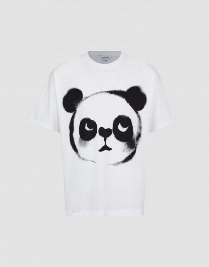 Urban Revivo Panda Printed Crew Neck Men\'s T-Shirts White | TPWEACV-71