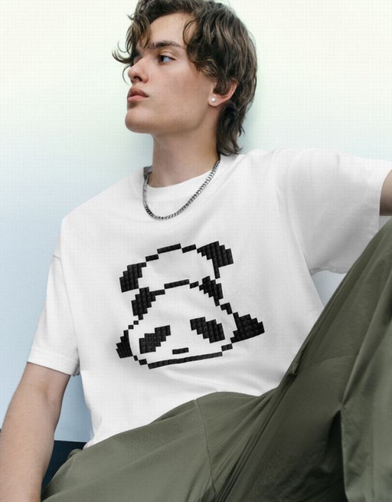 Urban Revivo Panda Printed Crew Neck Men's T-Shirts White | GSOBTNV-35