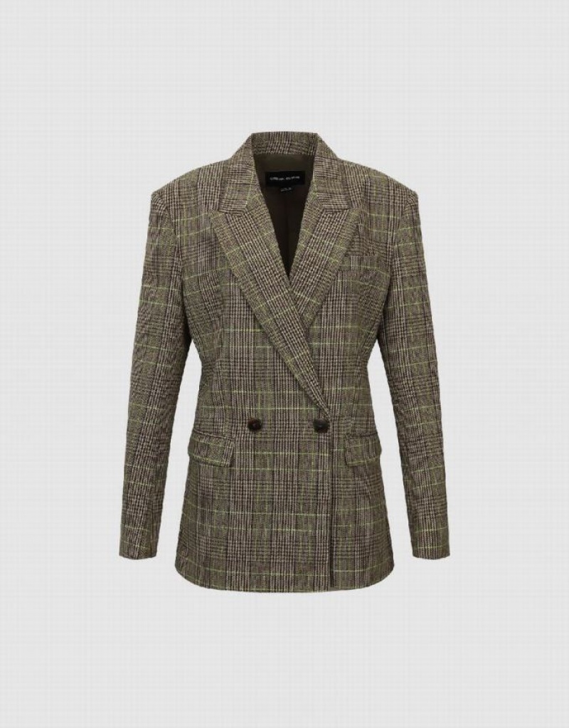 Urban Revivo Peak Lapel Plaid Women's Blazers Green | DOFGKCQ-40