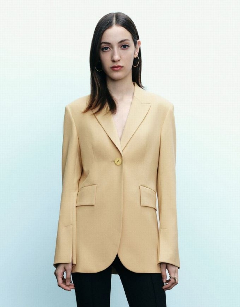 Urban Revivo Peaked Lapel Straight Women\'s Blazers Yellow | XWUNYAT-06