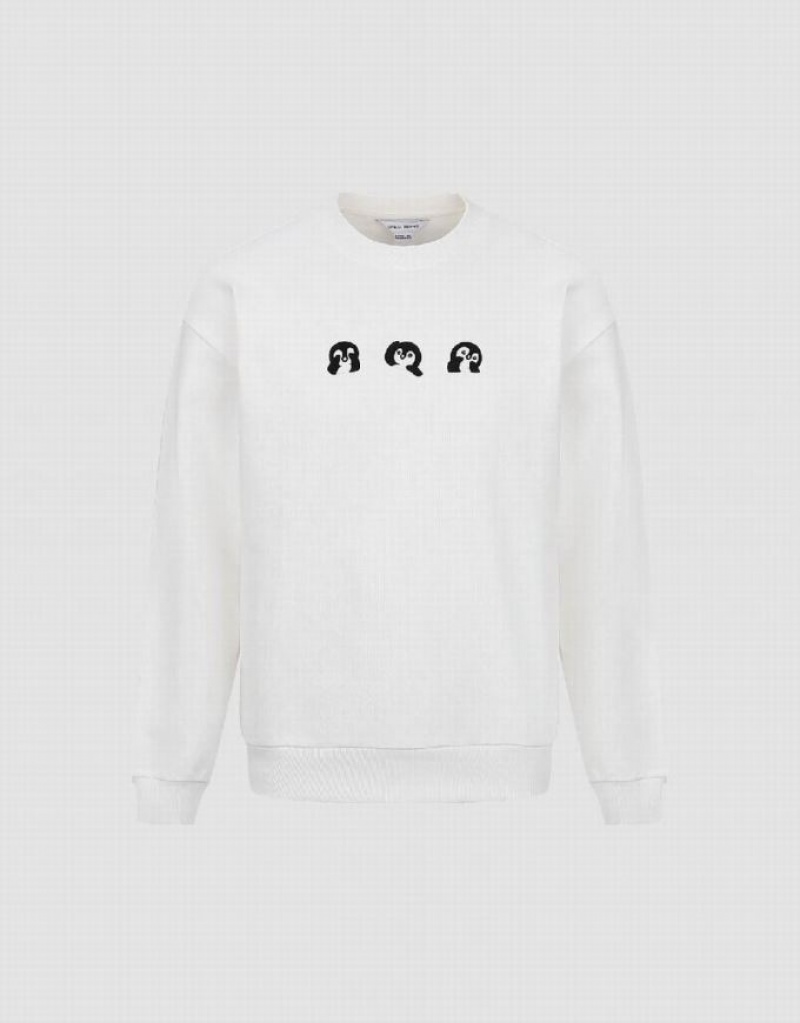 Urban Revivo Penguins Printed Crew Neck Men's Sweatshirts White | IBGOFSN-51