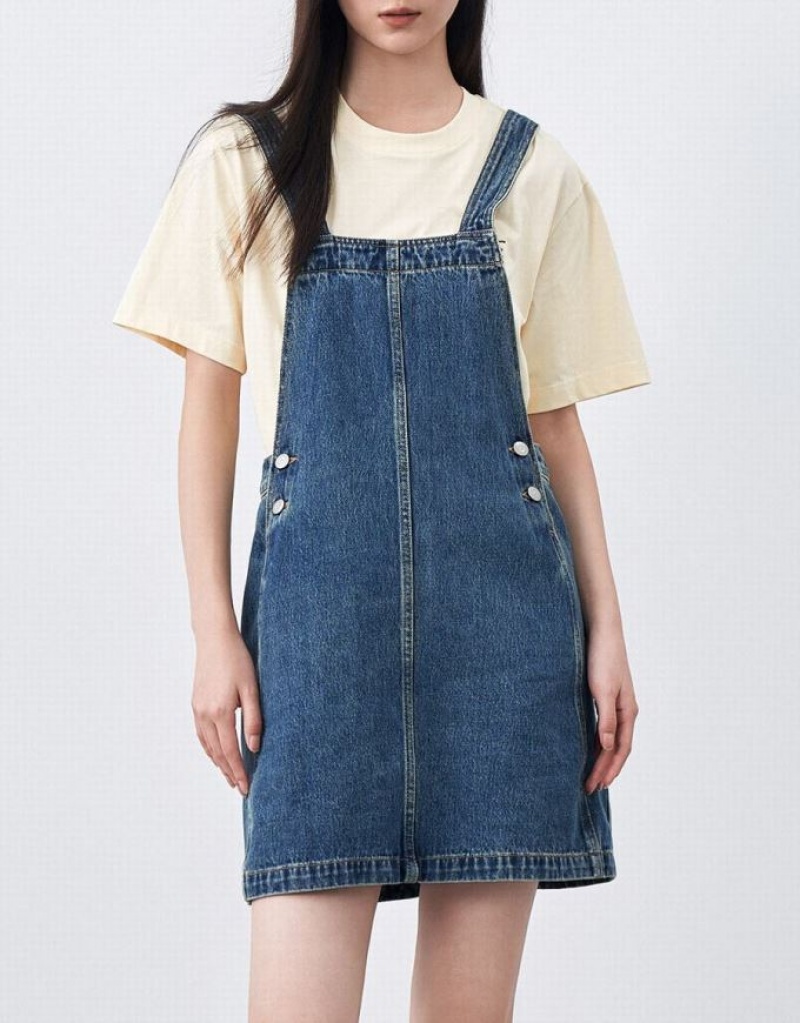 Urban Revivo Pinafore Women's Denim Dress Blue | MCSKUZL-05