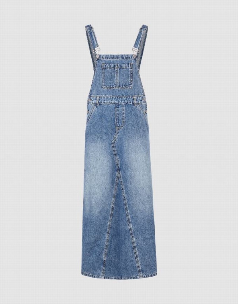 Urban Revivo Pinafore Women's Denim Dress Blue | JGWPBRH-83