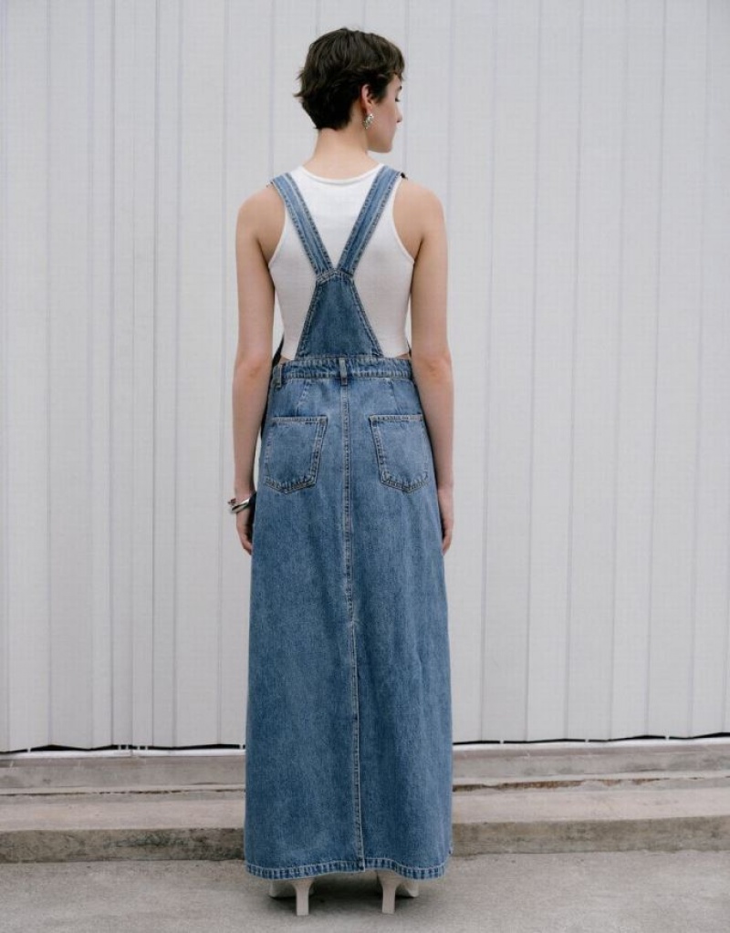 Urban Revivo Pinafore Women's Denim Dress Blue | JGWPBRH-83