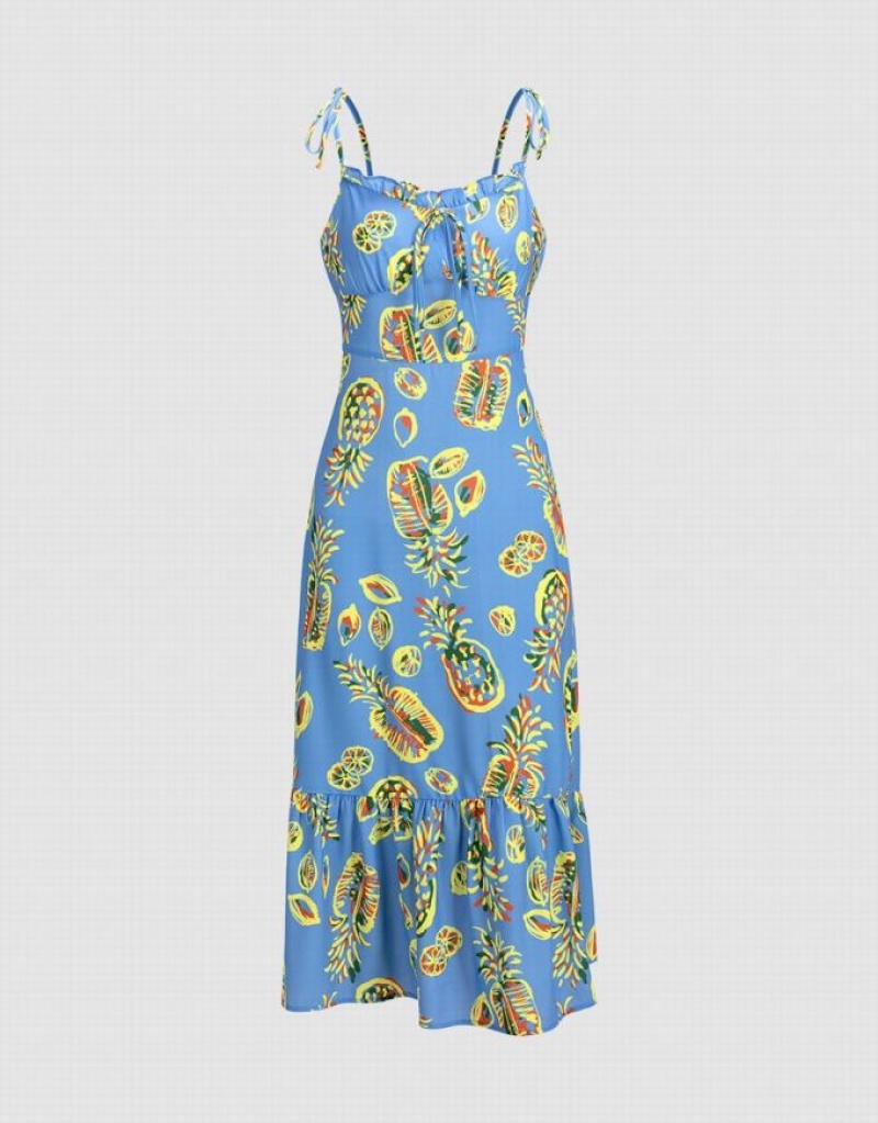 Urban Revivo Pineapple Print Tie Strap Ruffle Hem Cami Women\'s Dress Blue | NMOGJAX-63