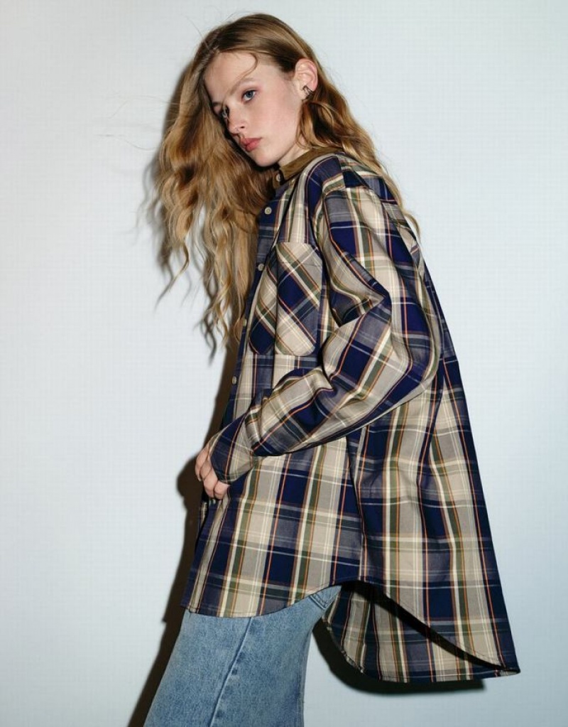 Urban Revivo Plaid A-Line Women's Shirts Brown | DTUCVGX-82