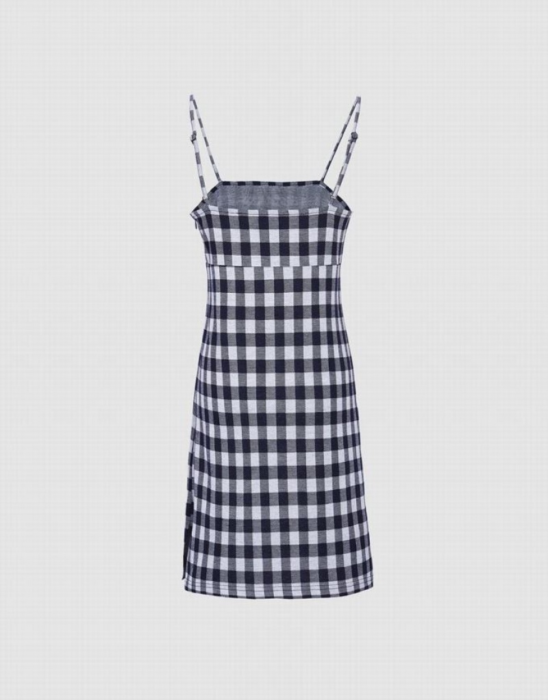 Urban Revivo Plaid Cami Women's Knitted Dress Blue | SJNWAIT-52