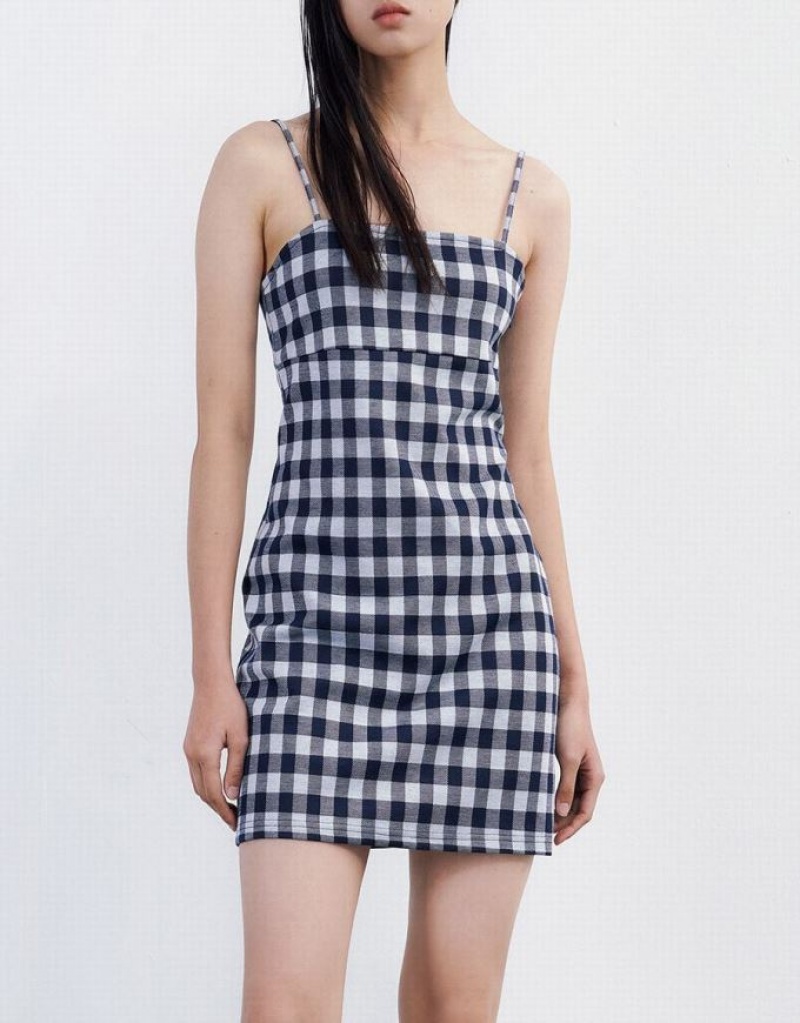 Urban Revivo Plaid Cami Women's Knitted Dress Blue | SJNWAIT-52