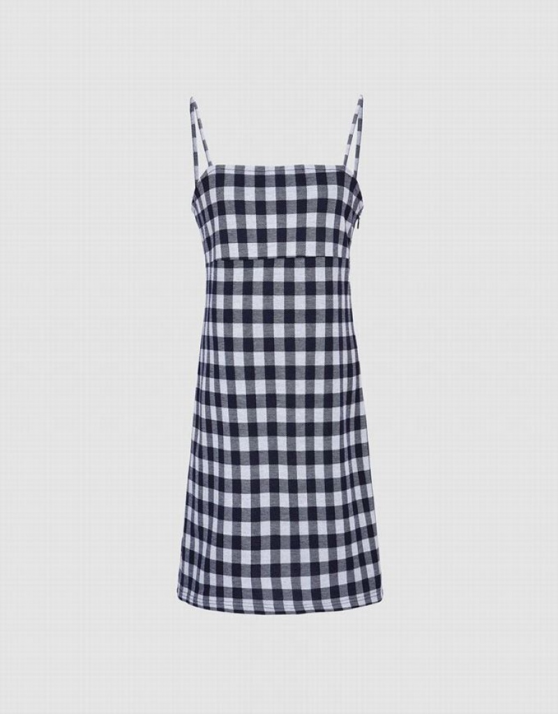 Urban Revivo Plaid Cami Women\'s Knitted Dress Blue | SJNWAIT-52