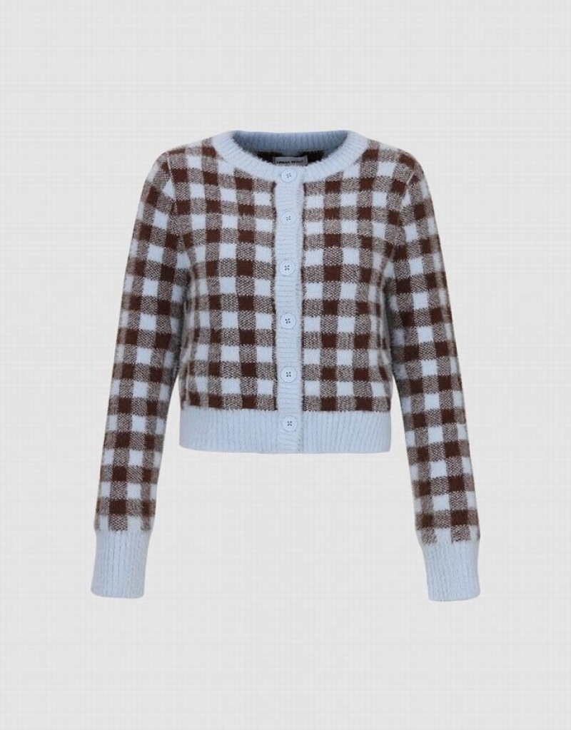 Urban Revivo Plaid Crew Neck Knitted Women's Cardigan Brown | CMLGYSR-09