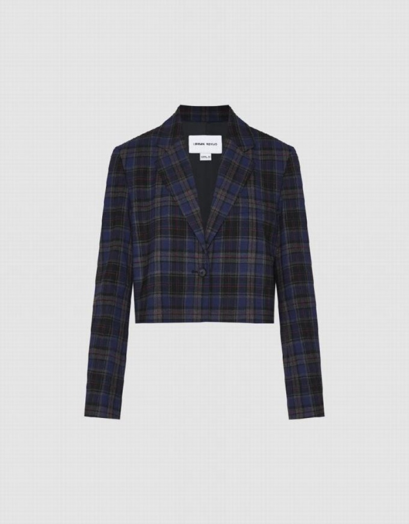 Urban Revivo Plaid Cropped Women's Blazers Blue | ARNXLUB-51