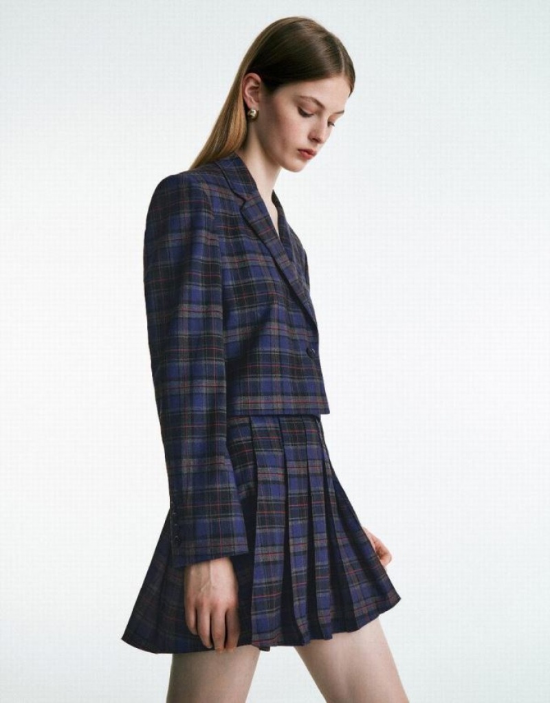 Urban Revivo Plaid Cropped Women's Blazers Blue | ARNXLUB-51