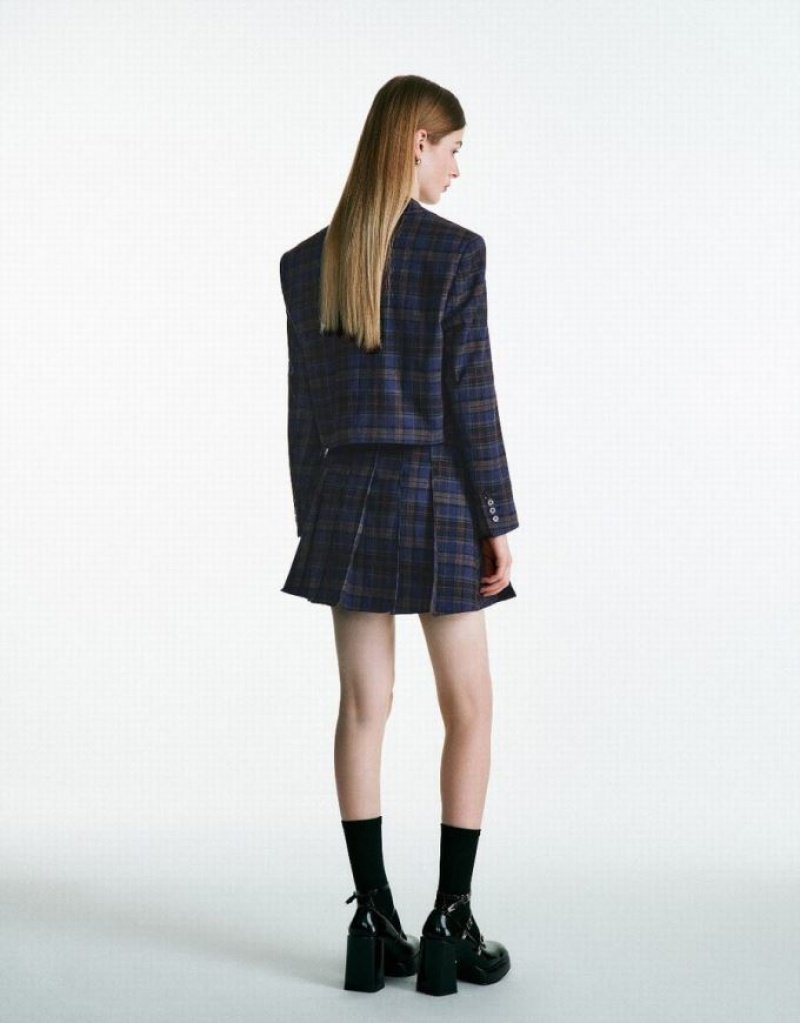 Urban Revivo Plaid Cropped Women's Blazers Blue | ARNXLUB-51