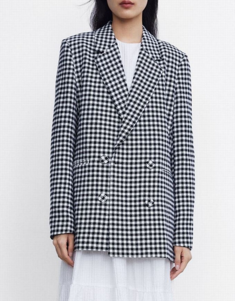 Urban Revivo Plaid Double Breasted Women's Blazers Grey | CFIPVJT-24