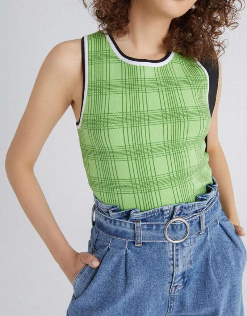 Urban Revivo Plaid Jacquard Knitted Women's Tank Top Green | BCVQDMU-61