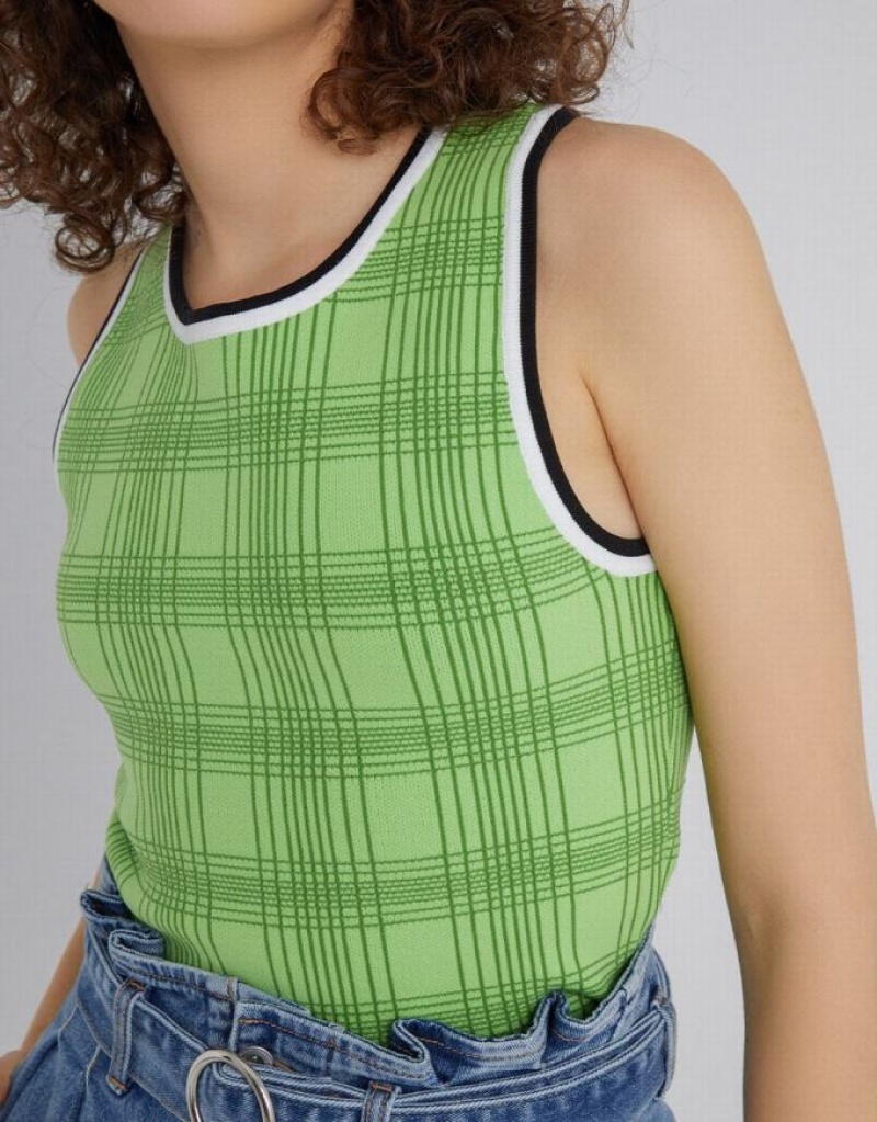 Urban Revivo Plaid Jacquard Knitted Women's Tank Top Green | BCVQDMU-61