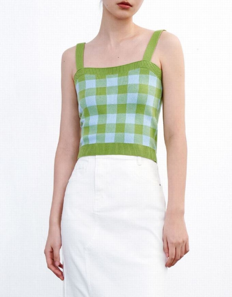 Urban Revivo Plaid Knitted Women's Camisole Green | THXMGIA-30