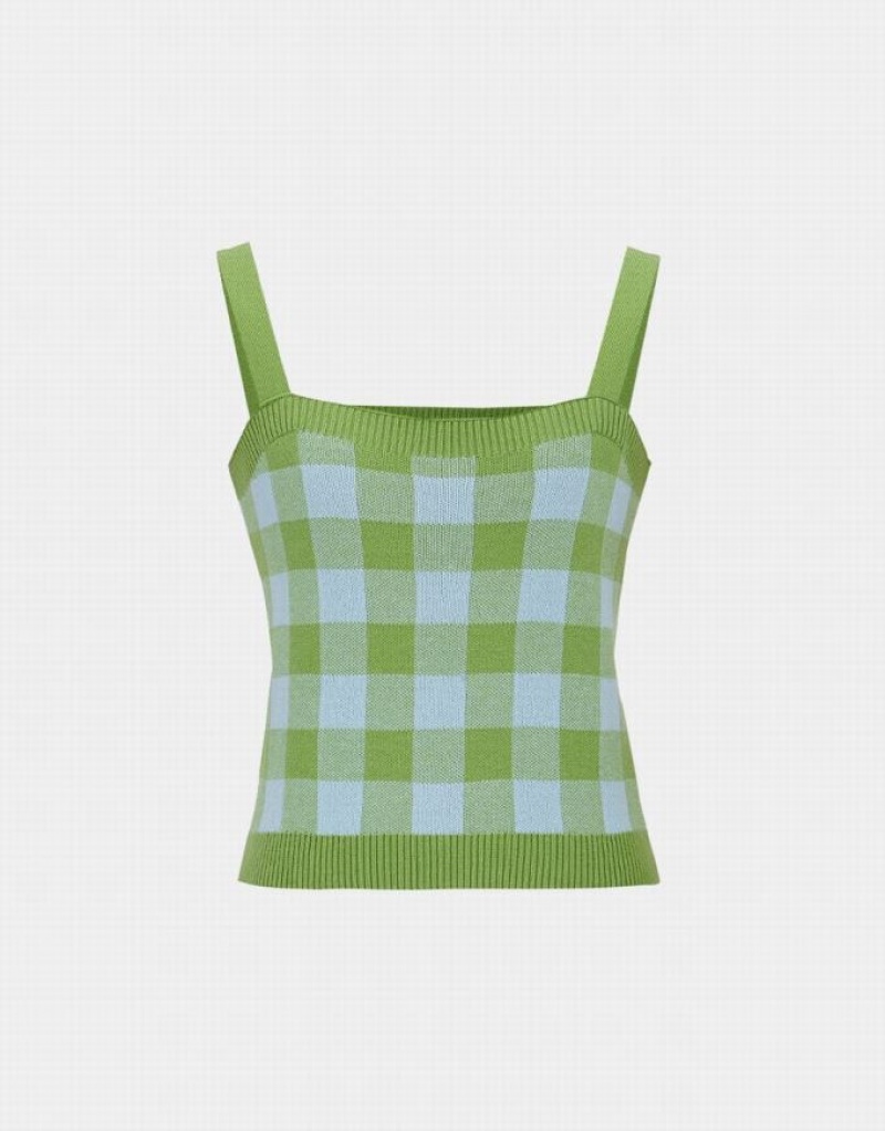 Urban Revivo Plaid Knitted Women\'s Camisole Green | THXMGIA-30