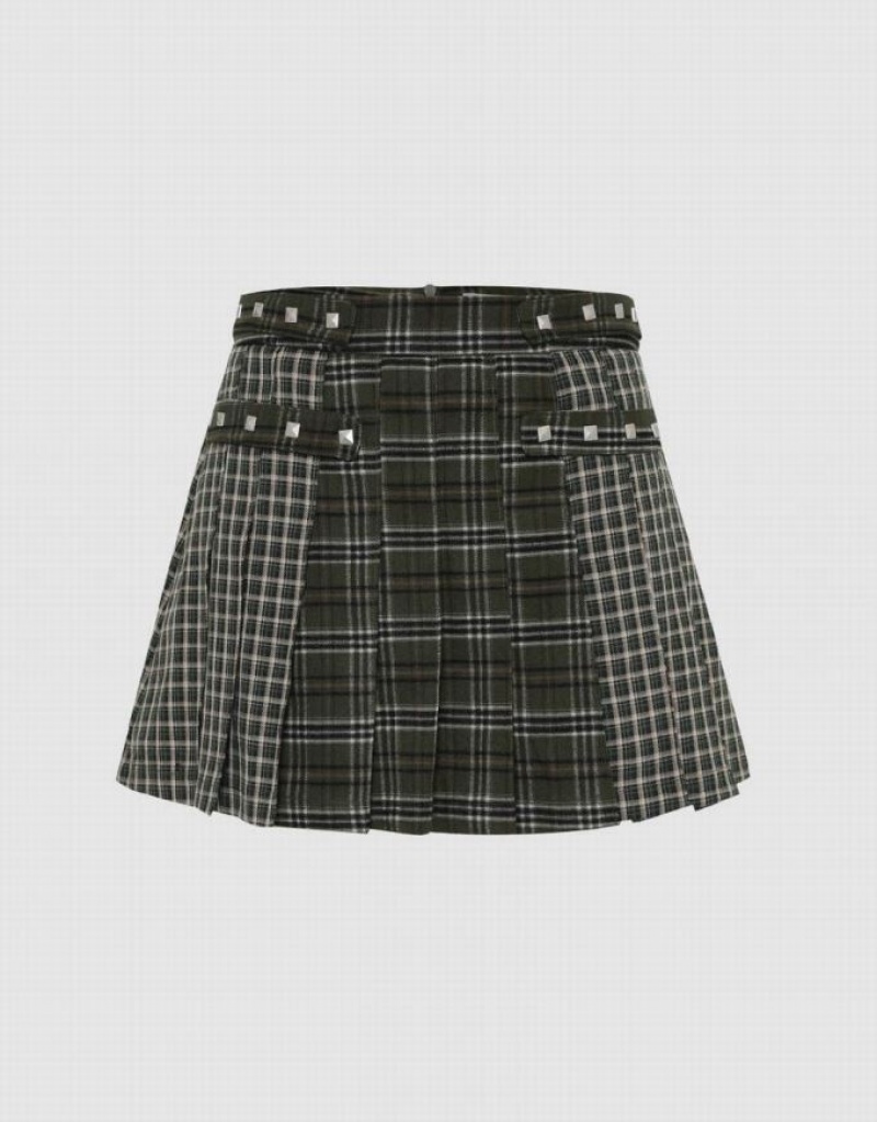 Urban Revivo Plaid Mini A-Line Women\'s Skirts Green | ZNCLQDF-79