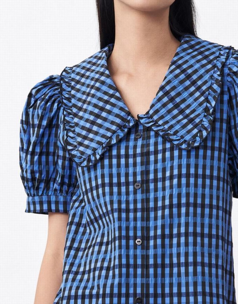 Urban Revivo Plaid Puff Sleeve Ruffle Hem Women's Casual Dress Blue | BRGWTMF-59