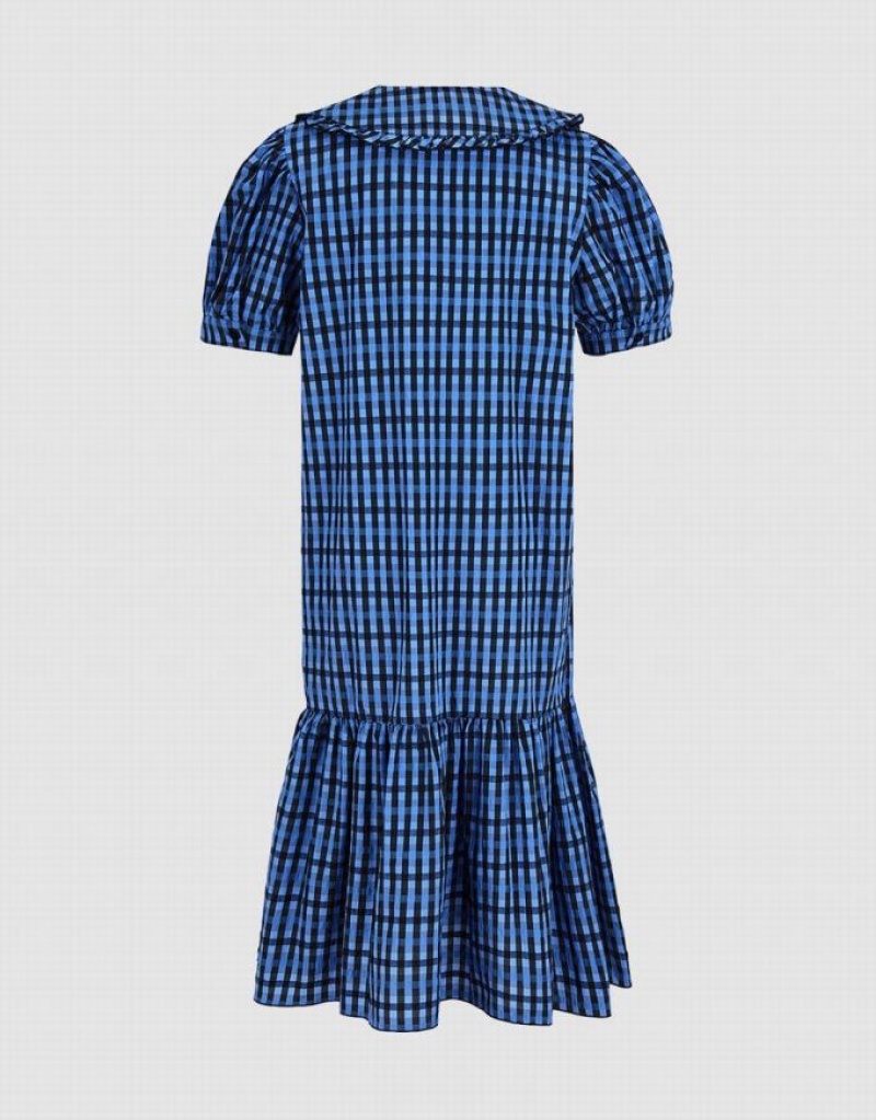 Urban Revivo Plaid Puff Sleeve Ruffle Hem Women's Casual Dress Blue | BRGWTMF-59