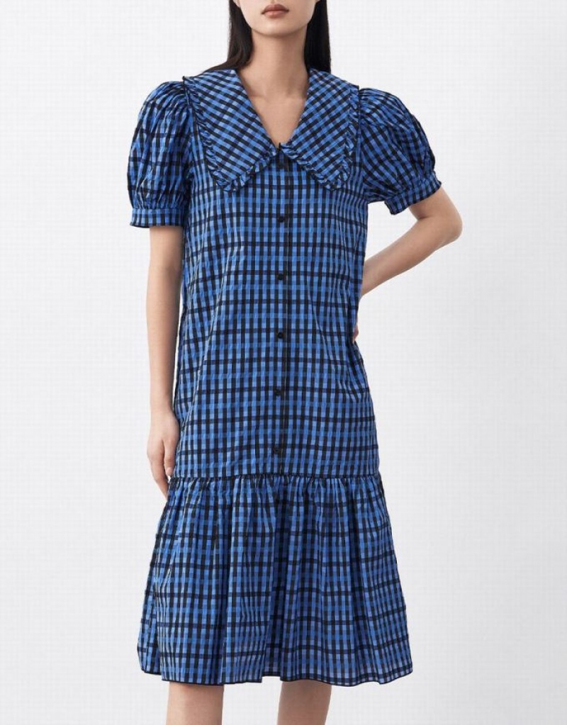 Urban Revivo Plaid Puff Sleeve Ruffle Hem Women's Casual Dress Blue | BRGWTMF-59