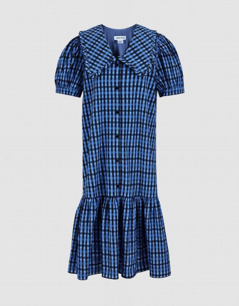 Urban Revivo Plaid Puff Sleeve Ruffle Hem Women\'s Casual Dress Blue | BRGWTMF-59