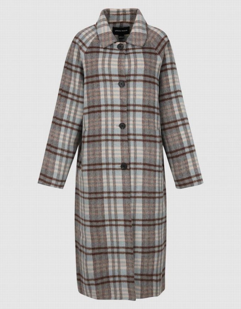 Urban Revivo Plaid Straight Women's Coats Blue | COWEDTN-14