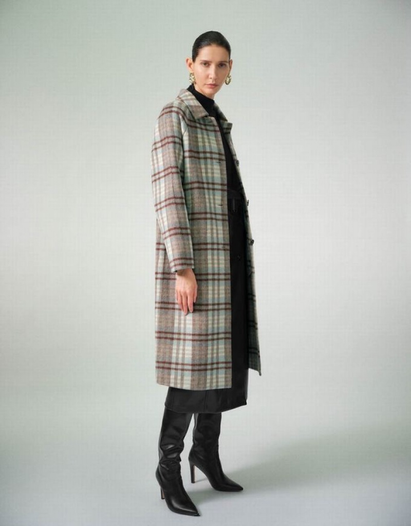 Urban Revivo Plaid Straight Women's Coats Blue | COWEDTN-14