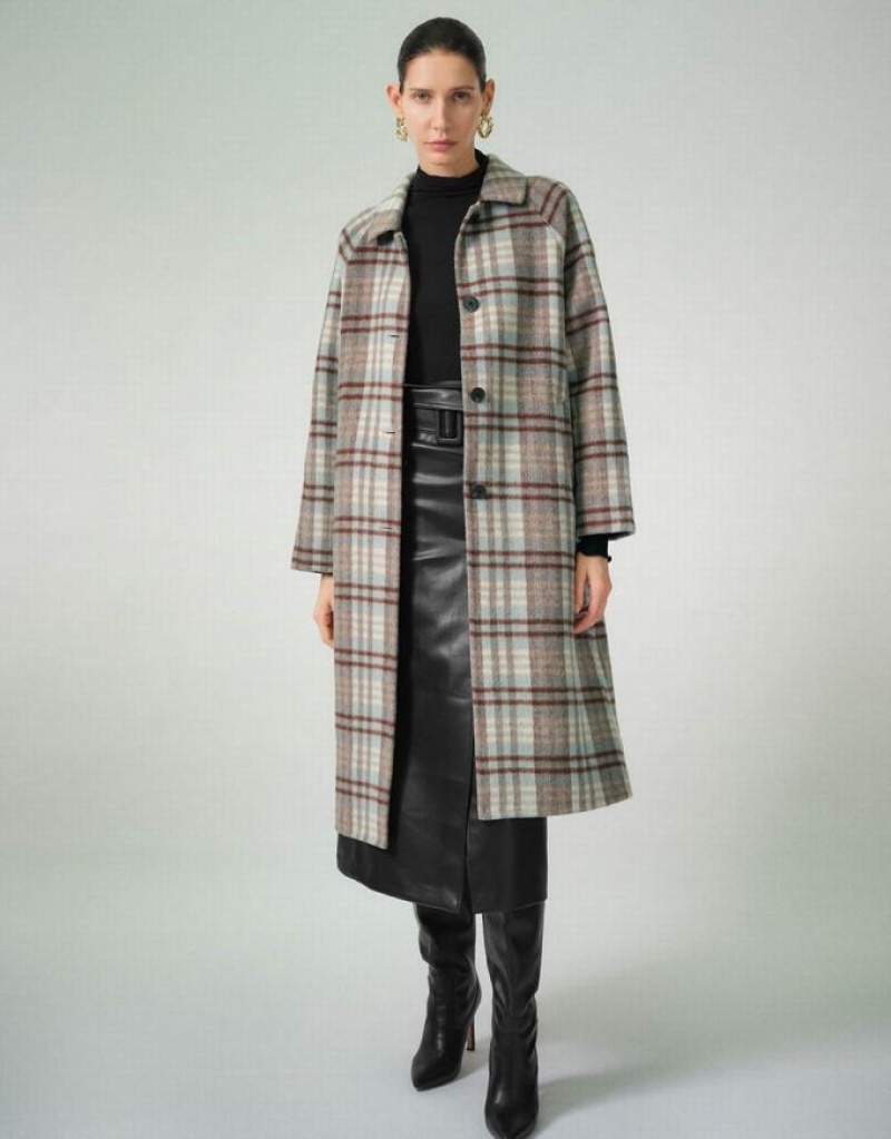 Urban Revivo Plaid Straight Women\'s Coats Blue | COWEDTN-14