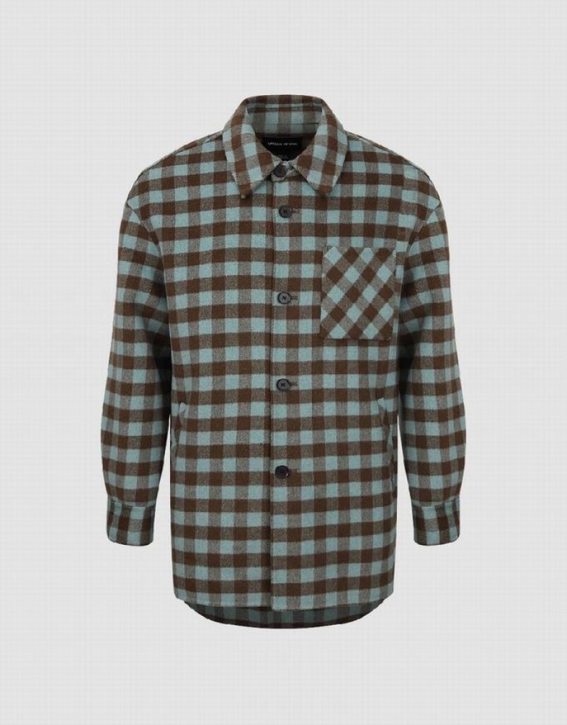 Urban Revivo Plaid Straight Woolen Men's Jacket Green | BNQFHDM-85