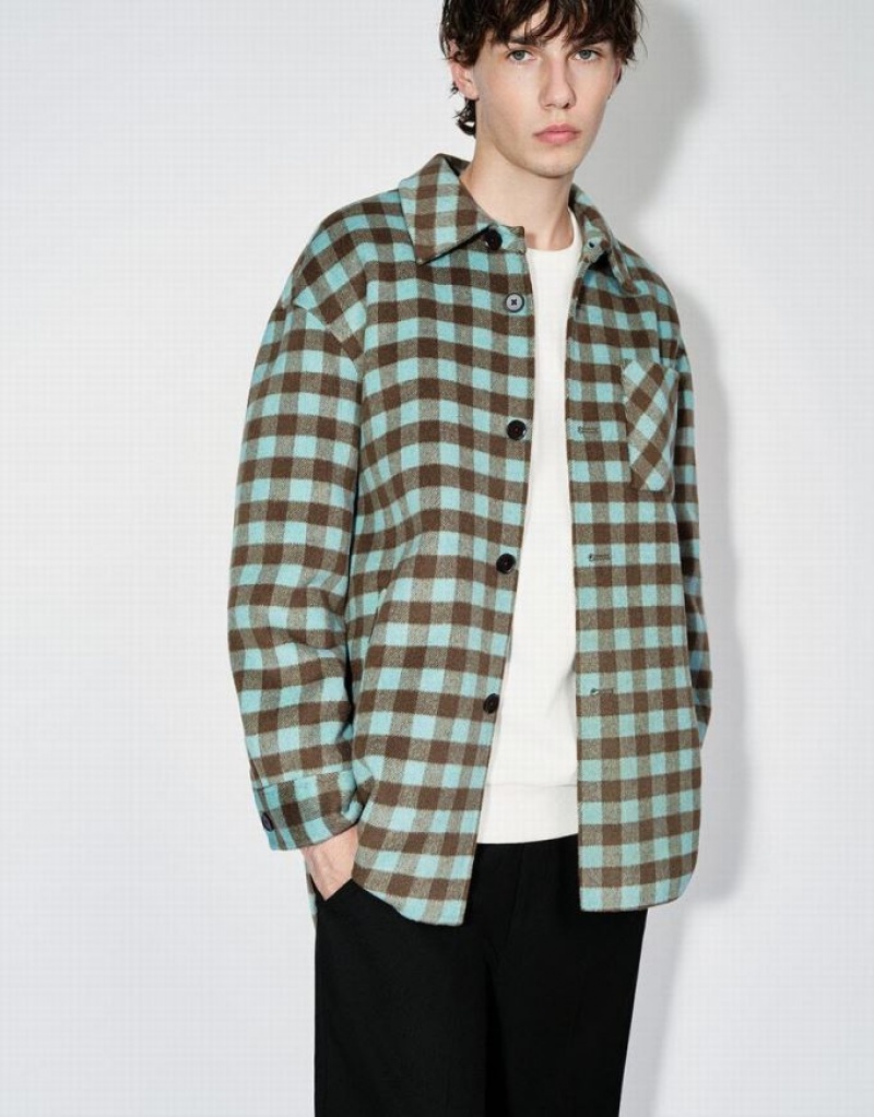 Urban Revivo Plaid Straight Woolen Men's Jacket Green | BNQFHDM-85