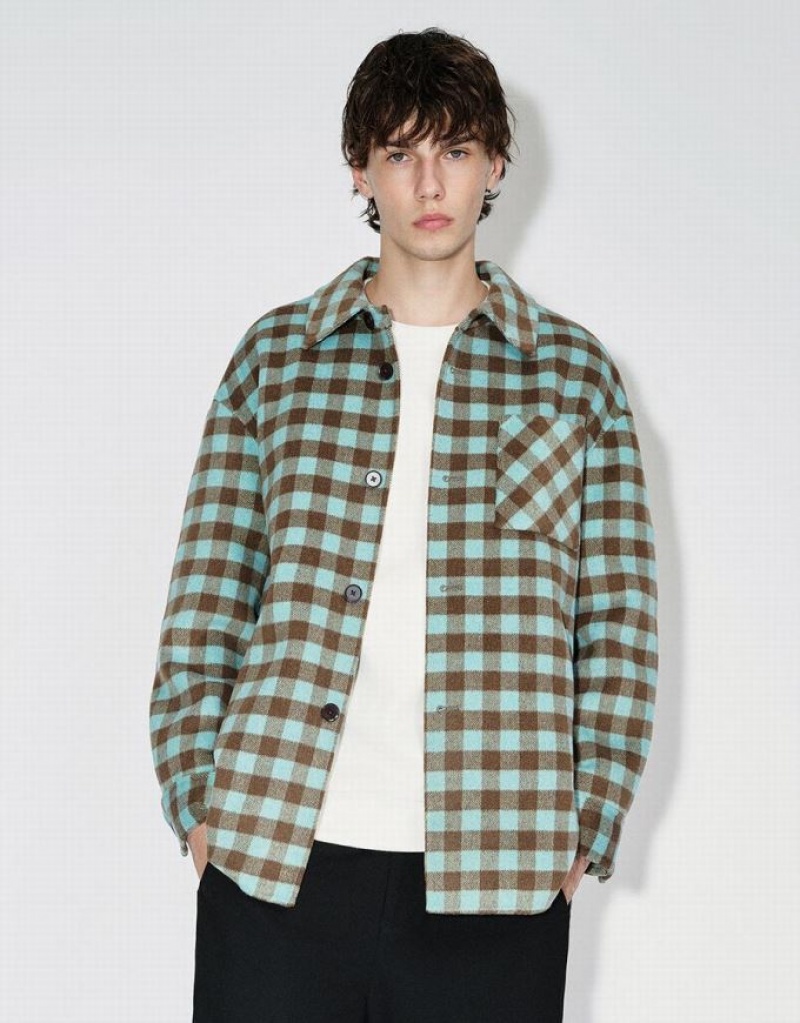 Urban Revivo Plaid Straight Woolen Men\'s Jacket Green | BNQFHDM-85