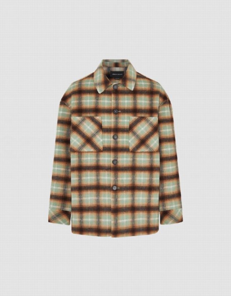 Urban Revivo Plaid Straight Woolen Men's Jacket Green | GLZWXIK-80