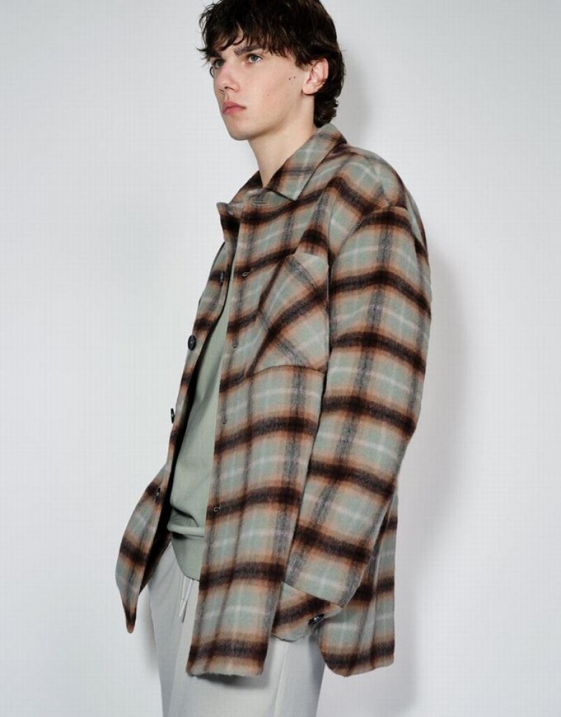 Urban Revivo Plaid Straight Woolen Men's Jacket Green | GLZWXIK-80