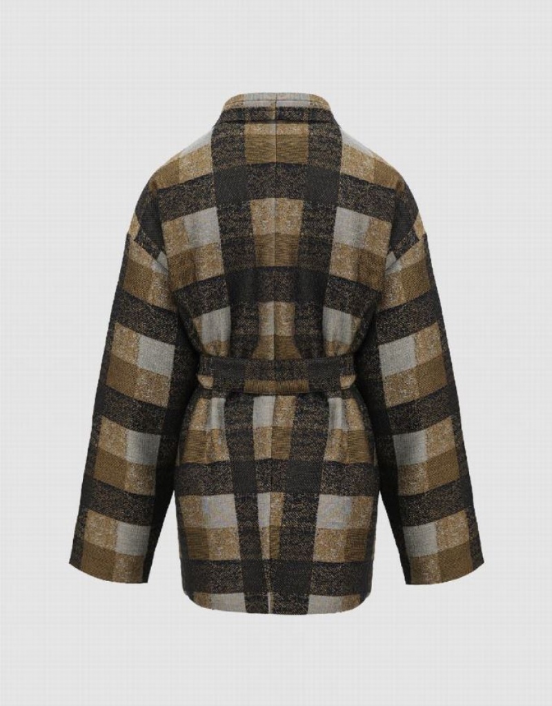 Urban Revivo Plaid With Belt Women's Down Jackets Khaki | YSOJPWK-78