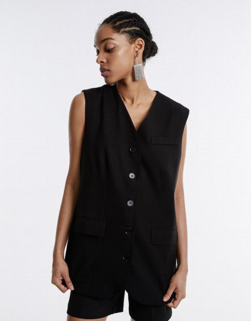 Urban Revivo Plain Button Up Women's Vest Black | YCQXSFV-24